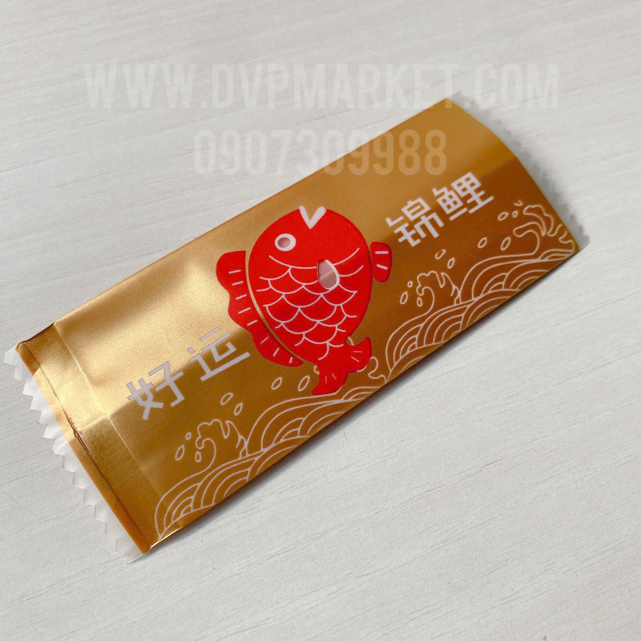 Túi hàn kẹo nougat 4x9cm Thần Tài 3 màu đỏ vàng trắng (Xấp 100)