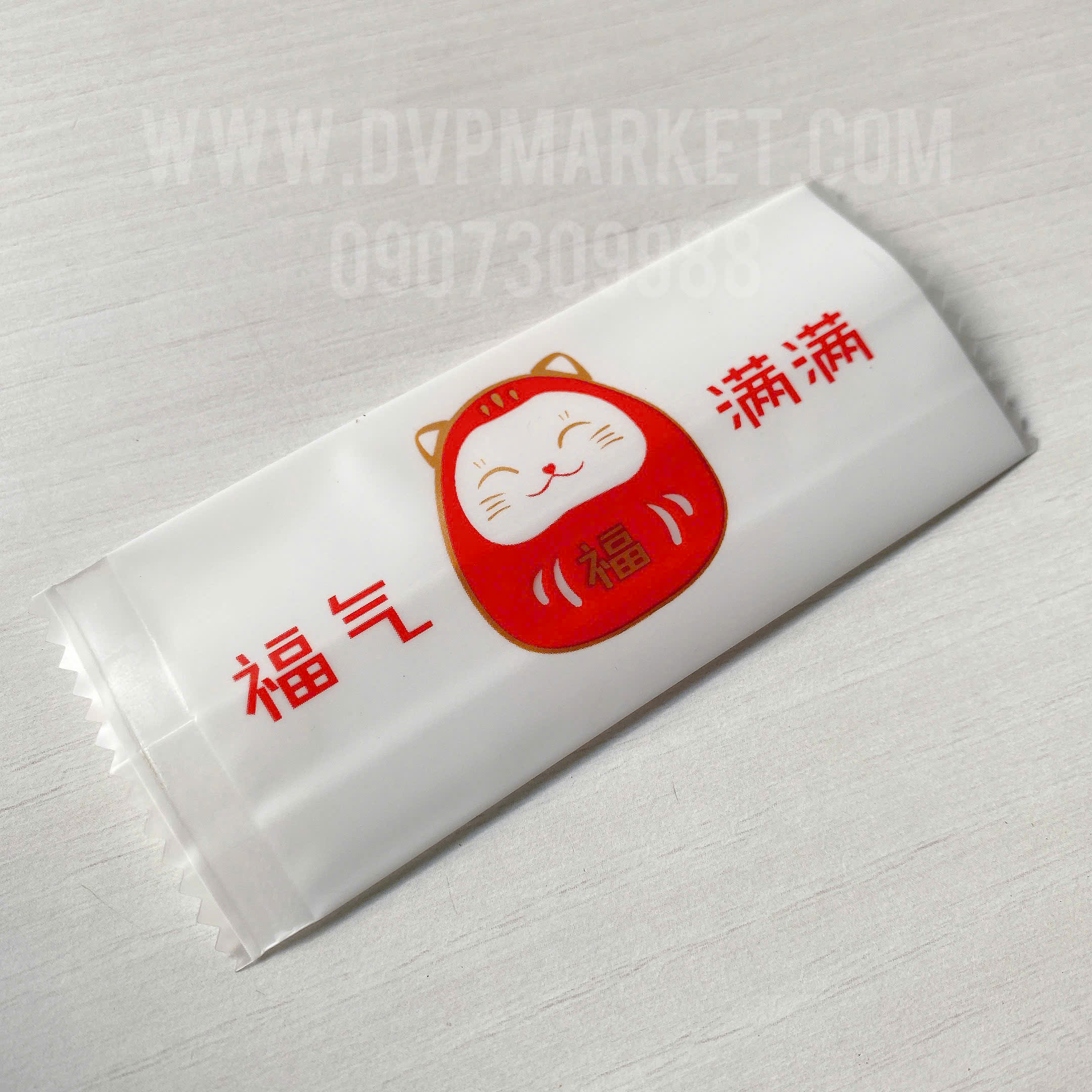 Túi hàn kẹo nougat 4x9cm Thần Tài 3 màu đỏ vàng trắng (Xấp 100)