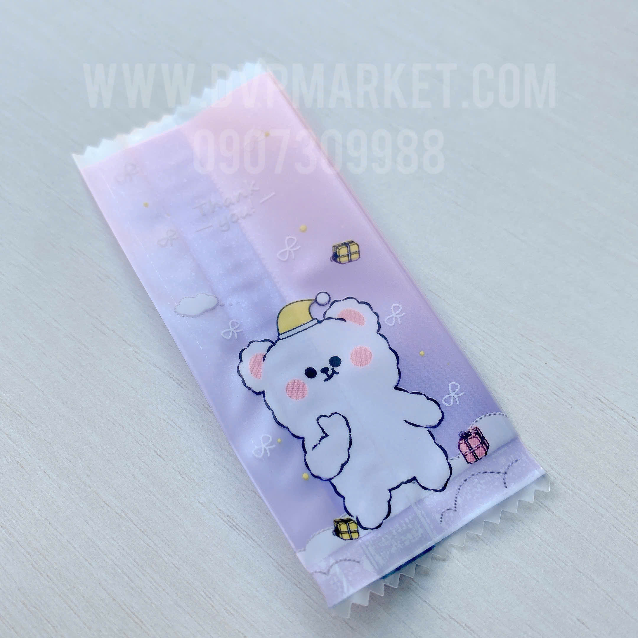 Túi hàn kẹo nougat 4x9.5cm - gấu hồng (xấp 100)