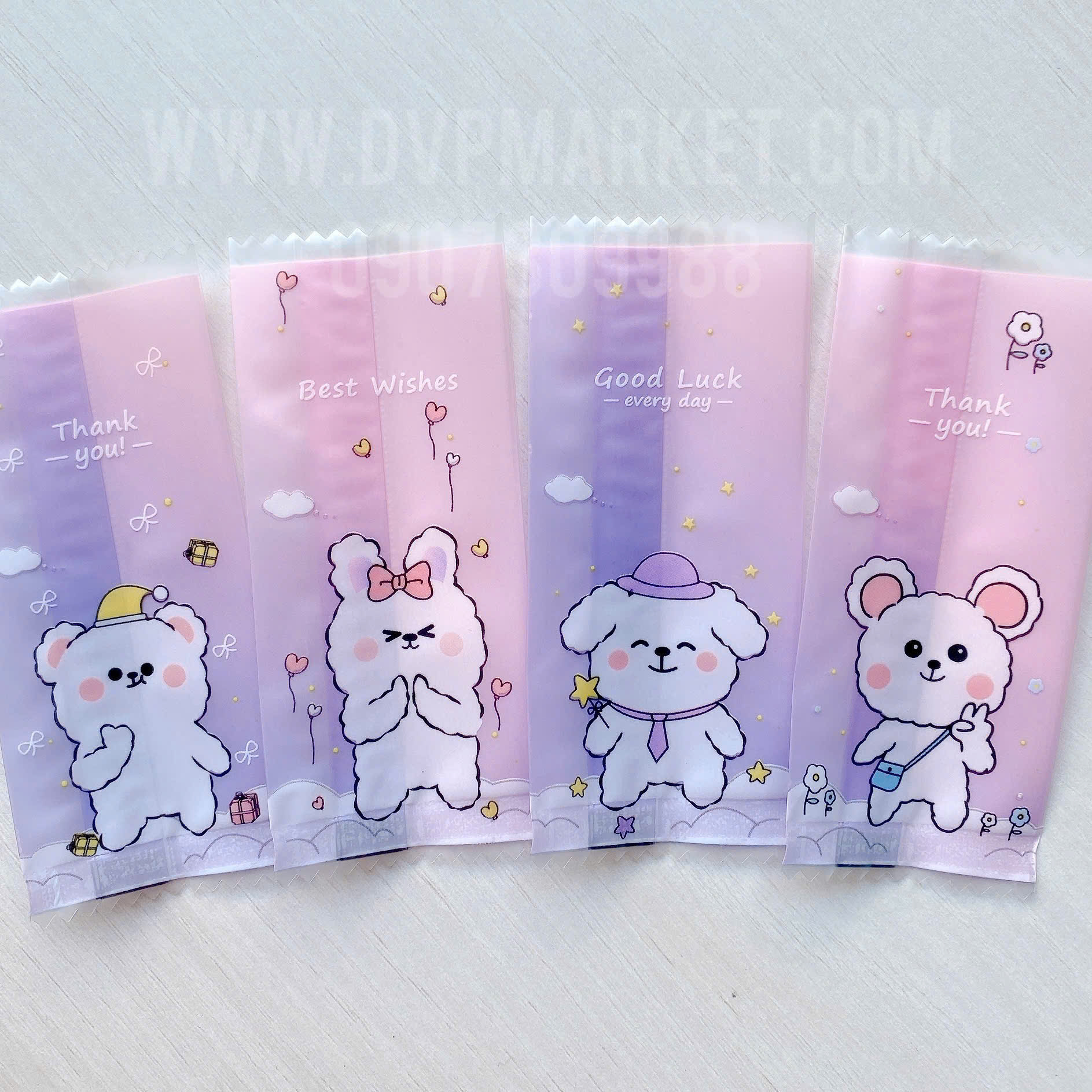 Túi hàn kẹo nougat 4x9.5cm - gấu hồng (xấp 100)