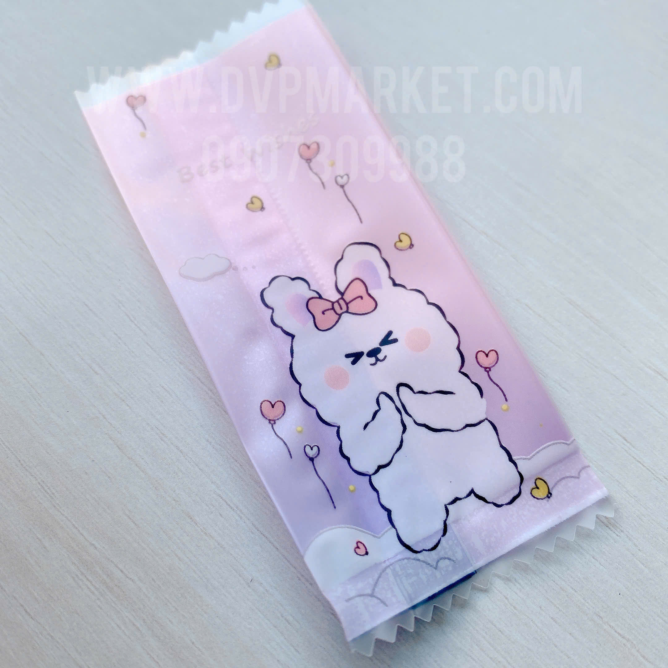 Túi hàn kẹo nougat 4x9.5cm - gấu hồng (xấp 100)