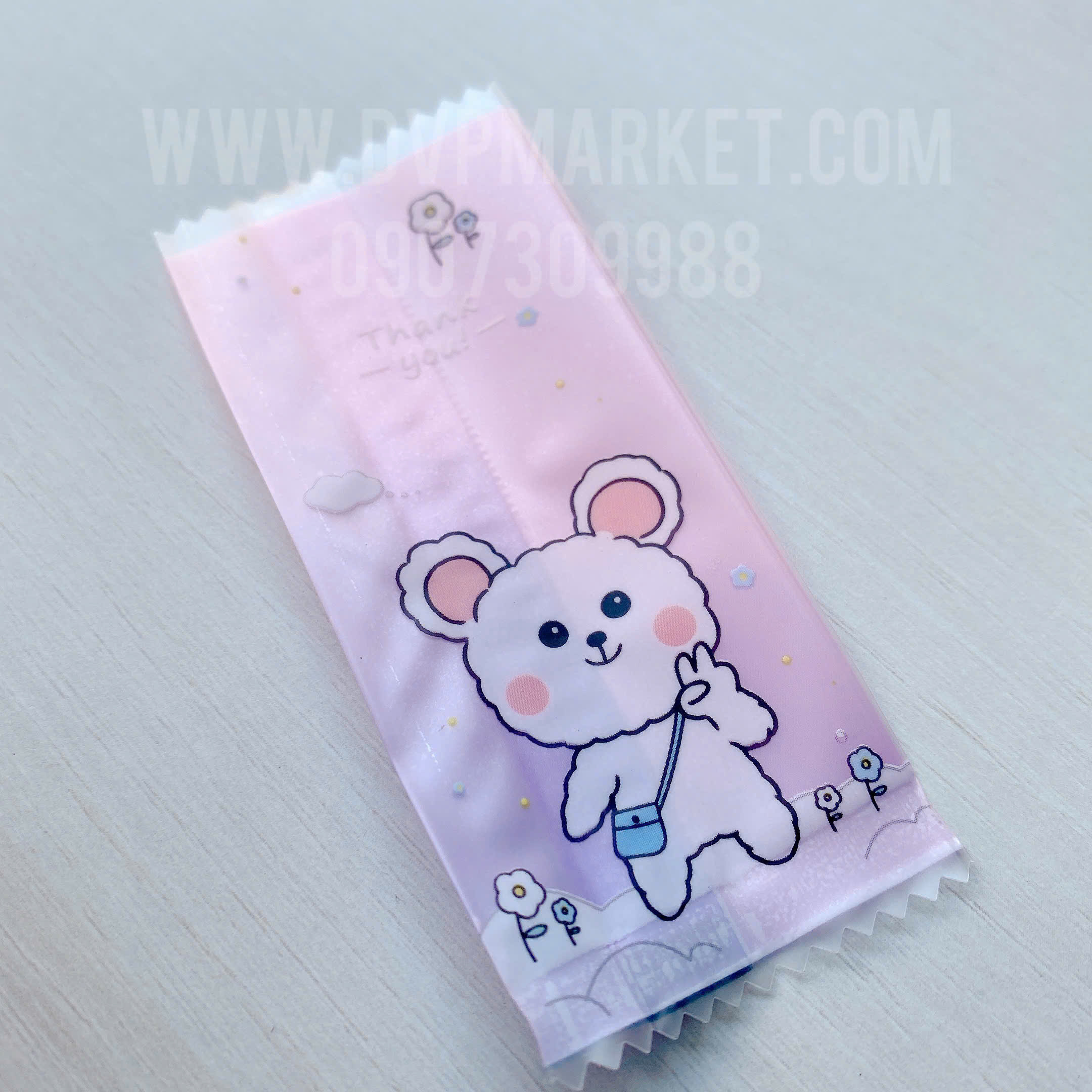 Túi hàn kẹo nougat 4x9.5cm - gấu hồng (xấp 100)