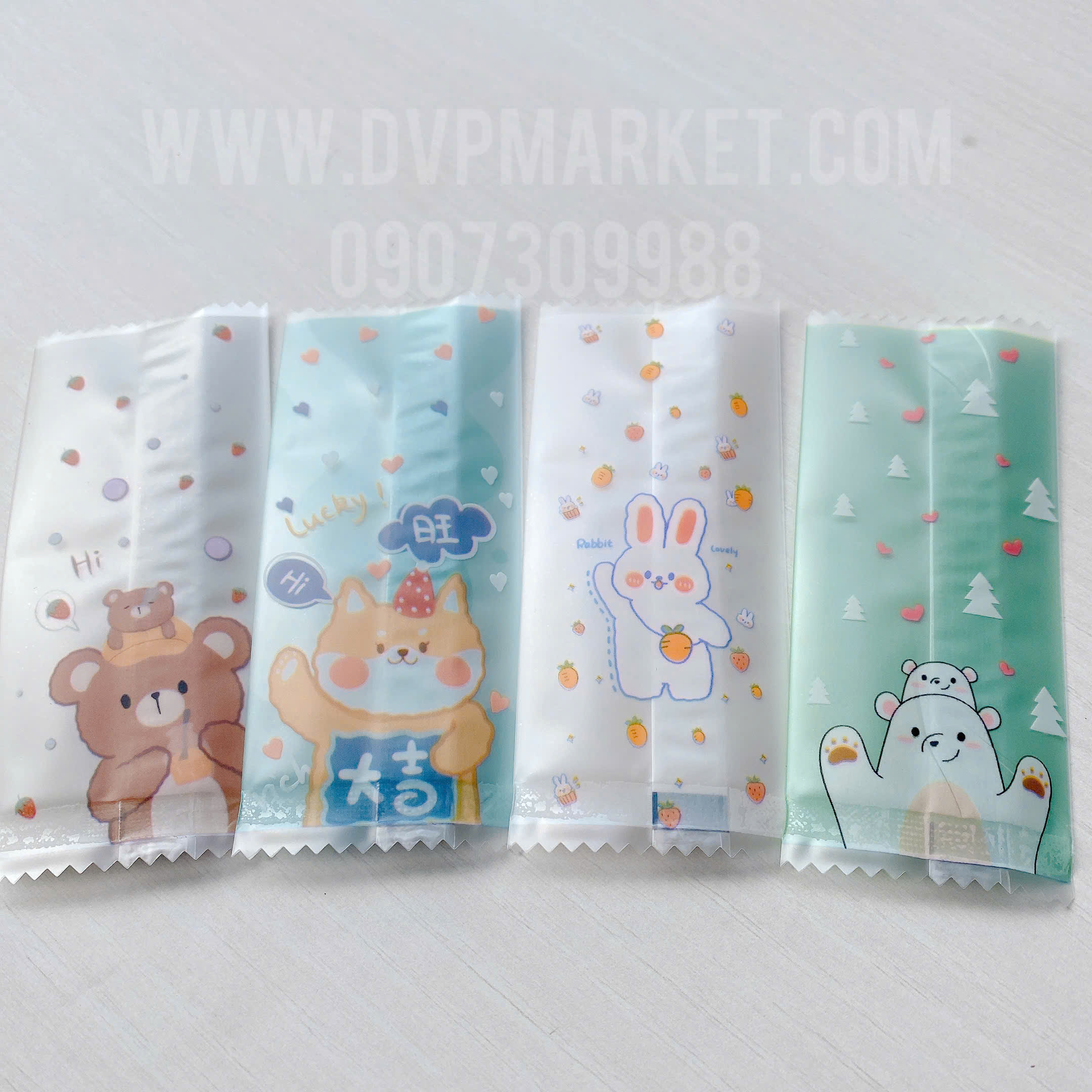 Túi hàn kẹo nougat 4x9.5cm - gấu thỏ (xấp 100)