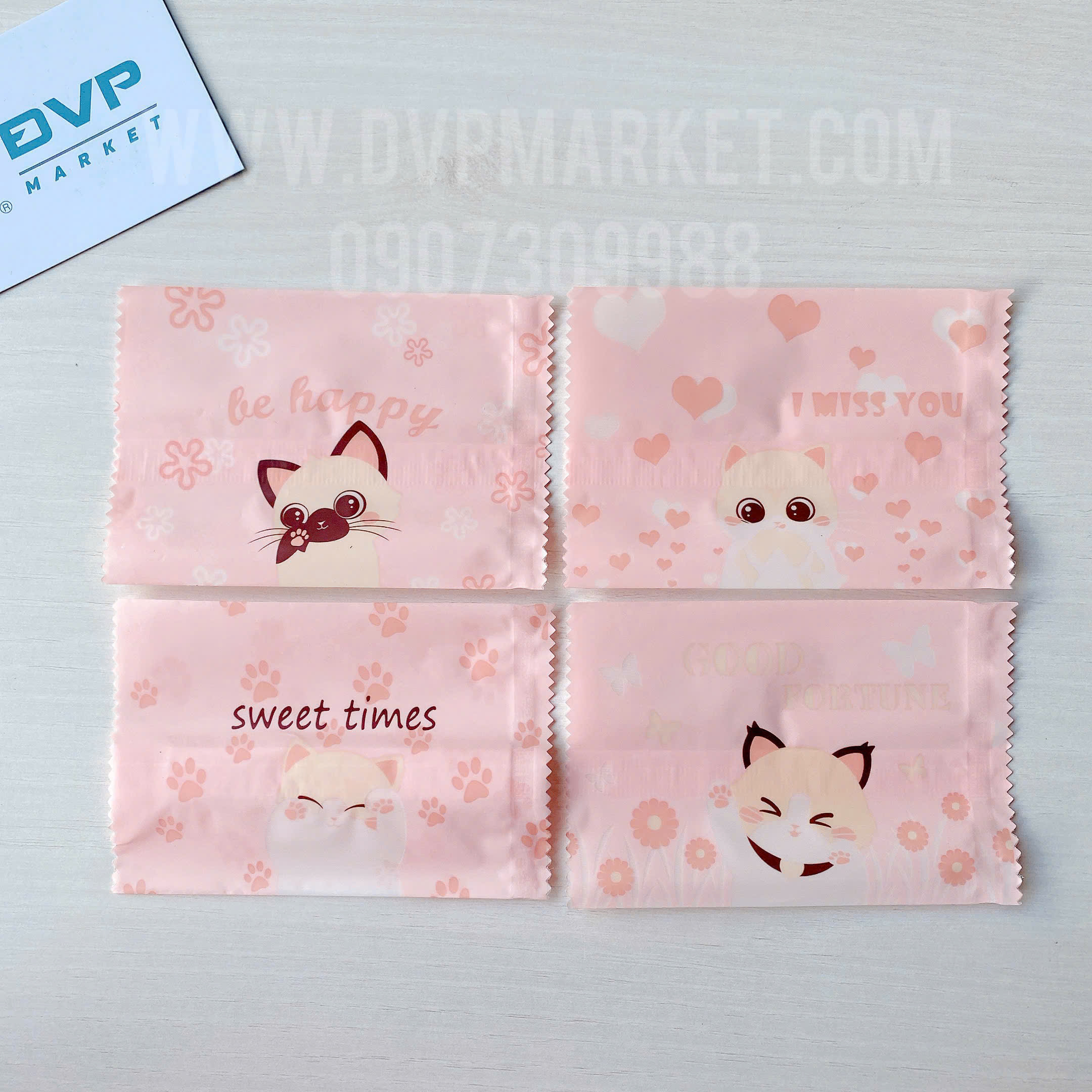 Túi hàn bánh quy - kẹo 7x10cm mèo con nền hồng (Xấp 100)