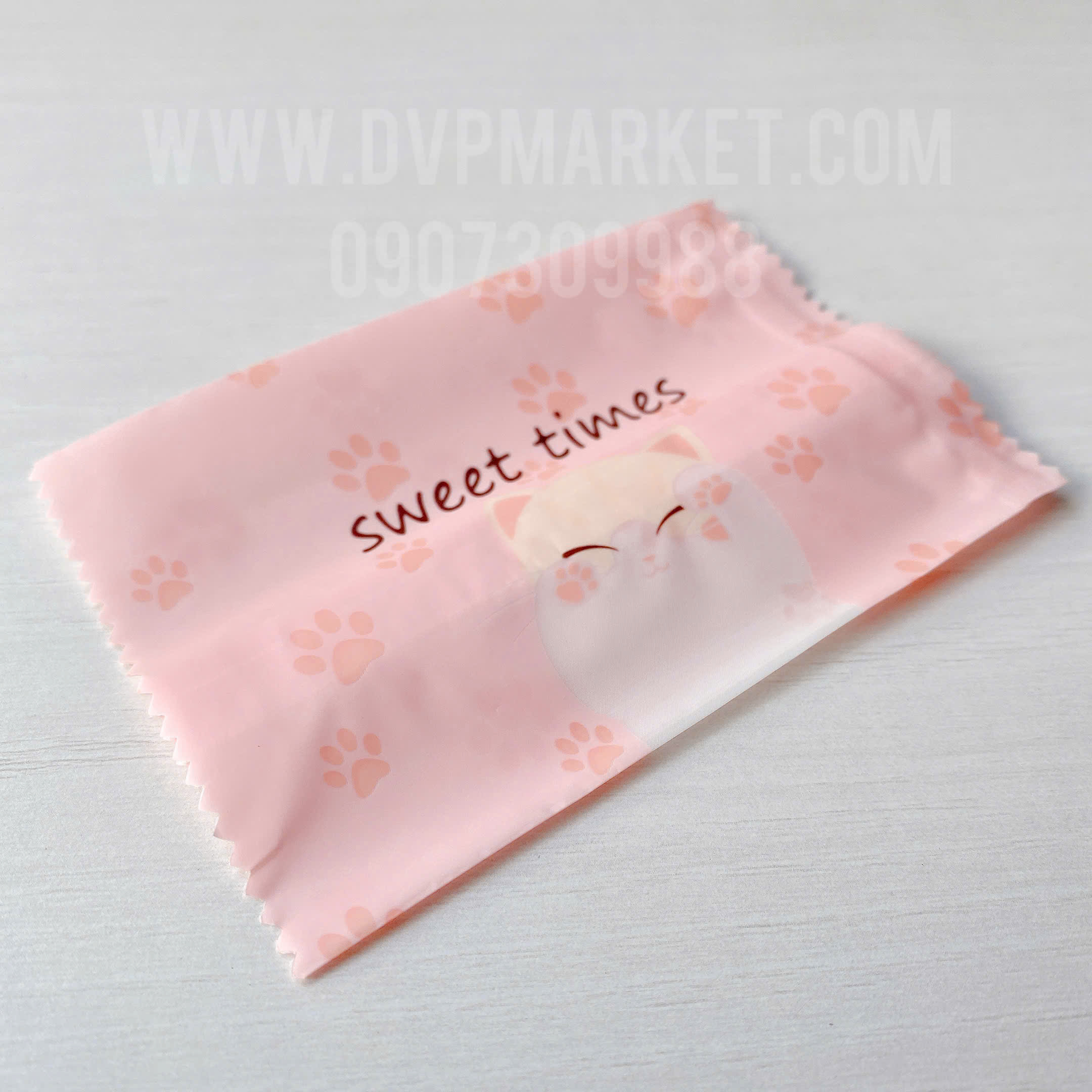 Túi hàn bánh quy - kẹo 7x10cm mèo con nền hồng (Xấp 100)