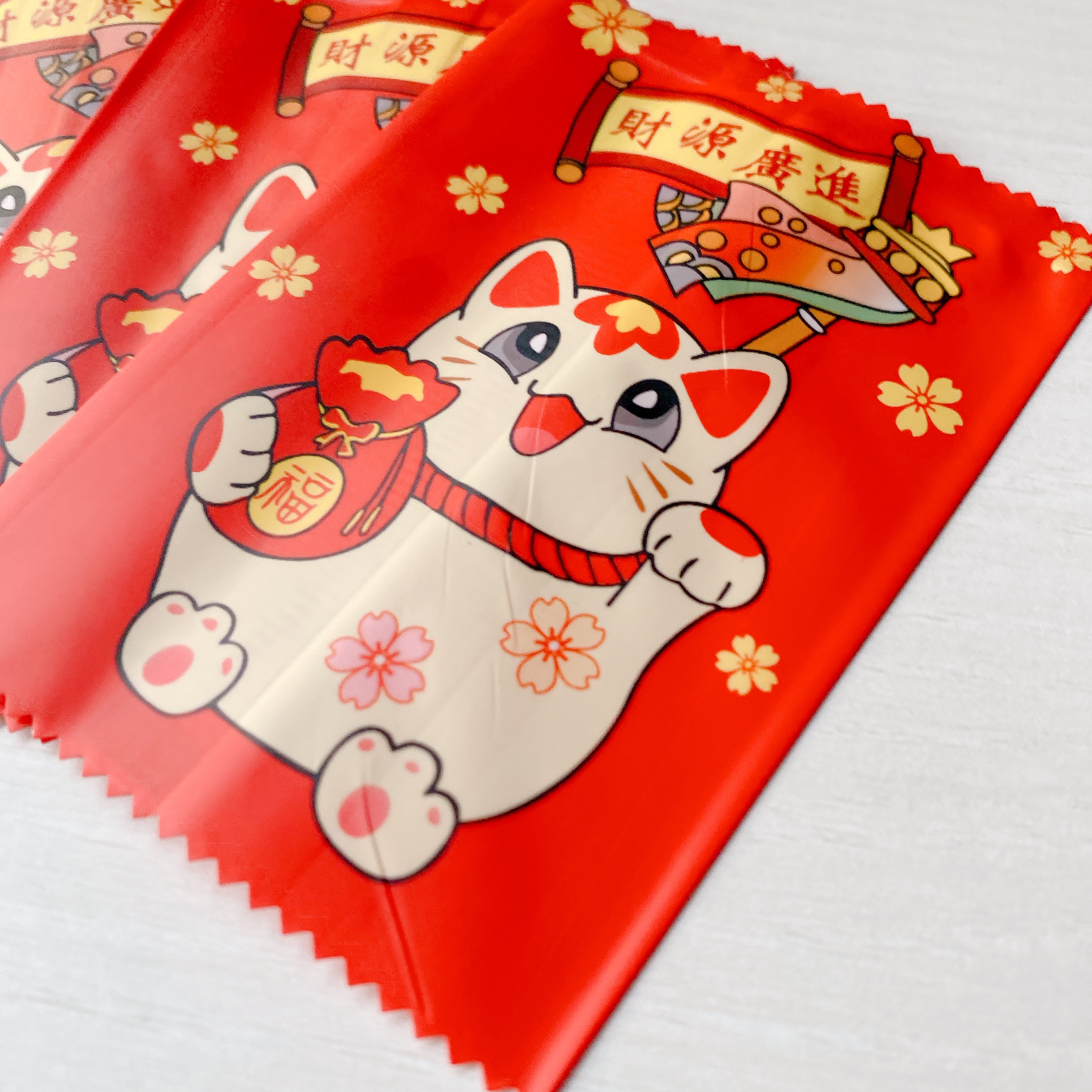 Túi hàn bánh quy - kẹo 7x10cm mèo thần tài đỏ (Xấp 100)