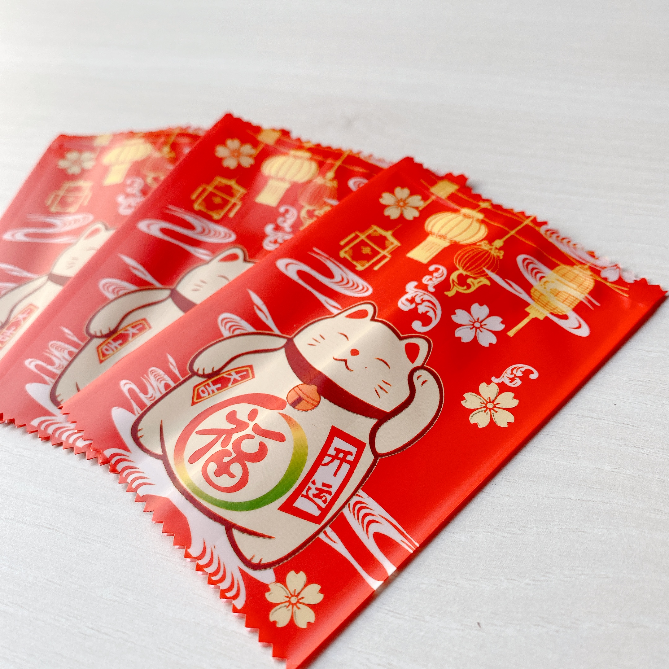 Túi hàn bánh quy - kẹo 7x10cm mèo thần tài đỏ (Xấp 100)