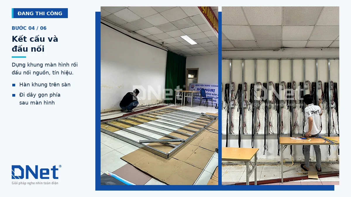 Đội kỹ thuật DNet dựng khung và đấu nối dây cho màn hình LED P2.5