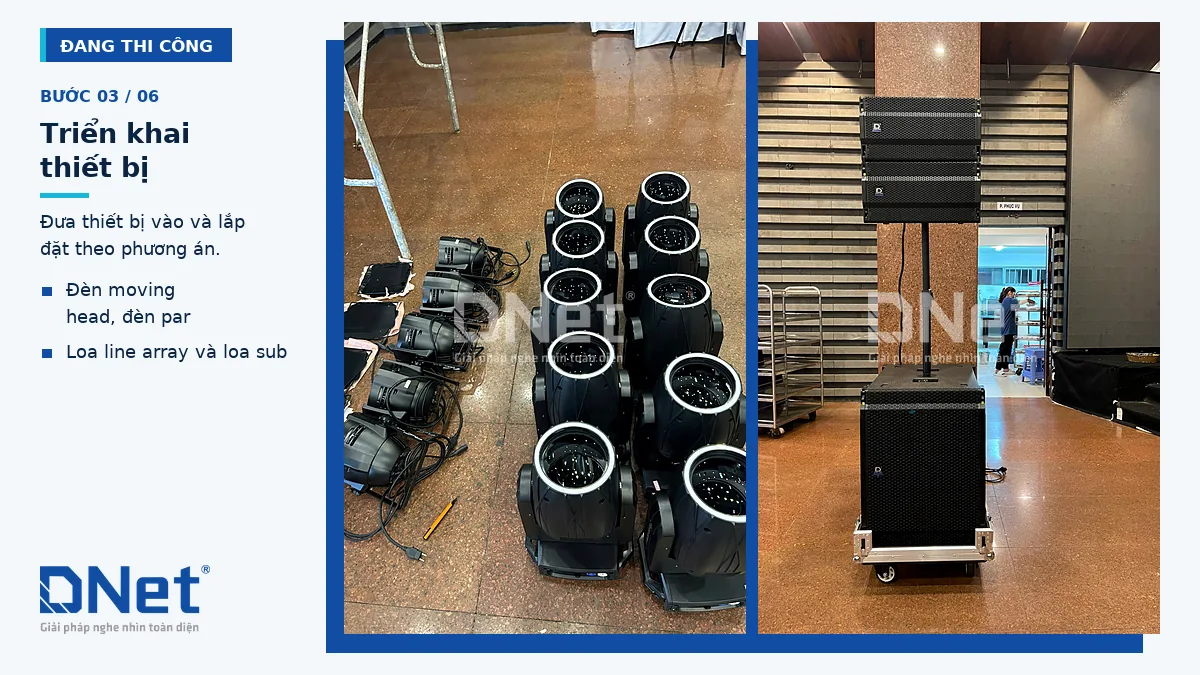 Đèn moving head và bộ loa line array được triển khai tại sảnh tiệc