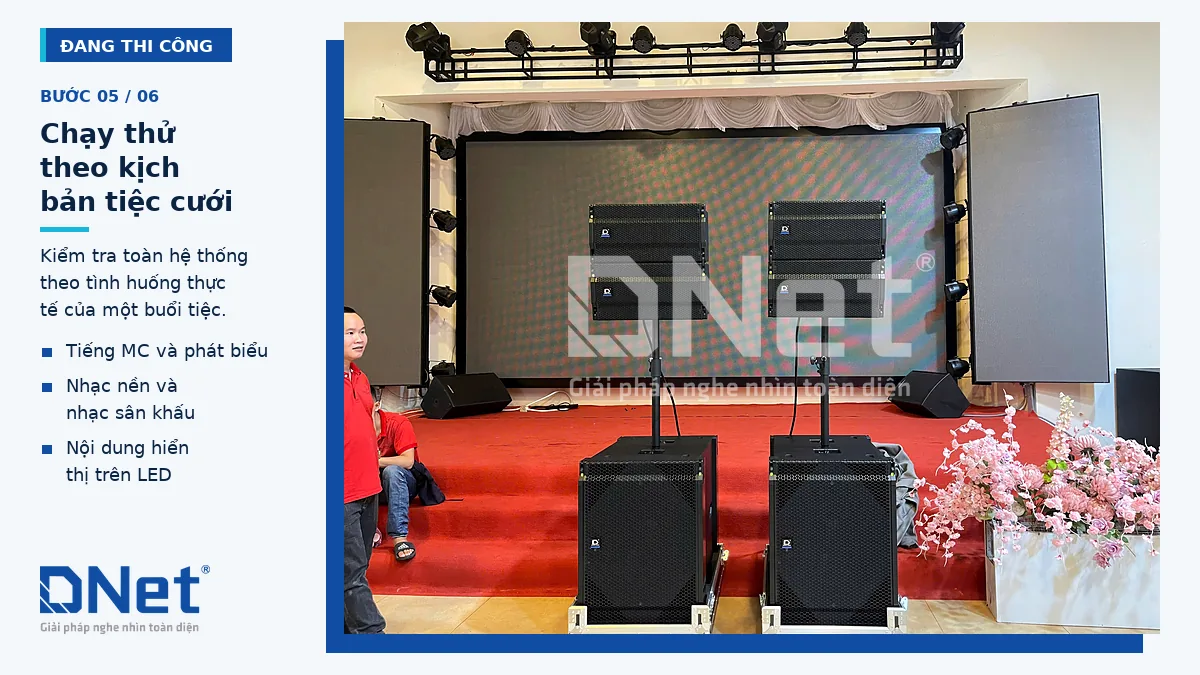 Chạy thử loa line array và màn hình LED sân khấu nhà hàng tiệc cưới
