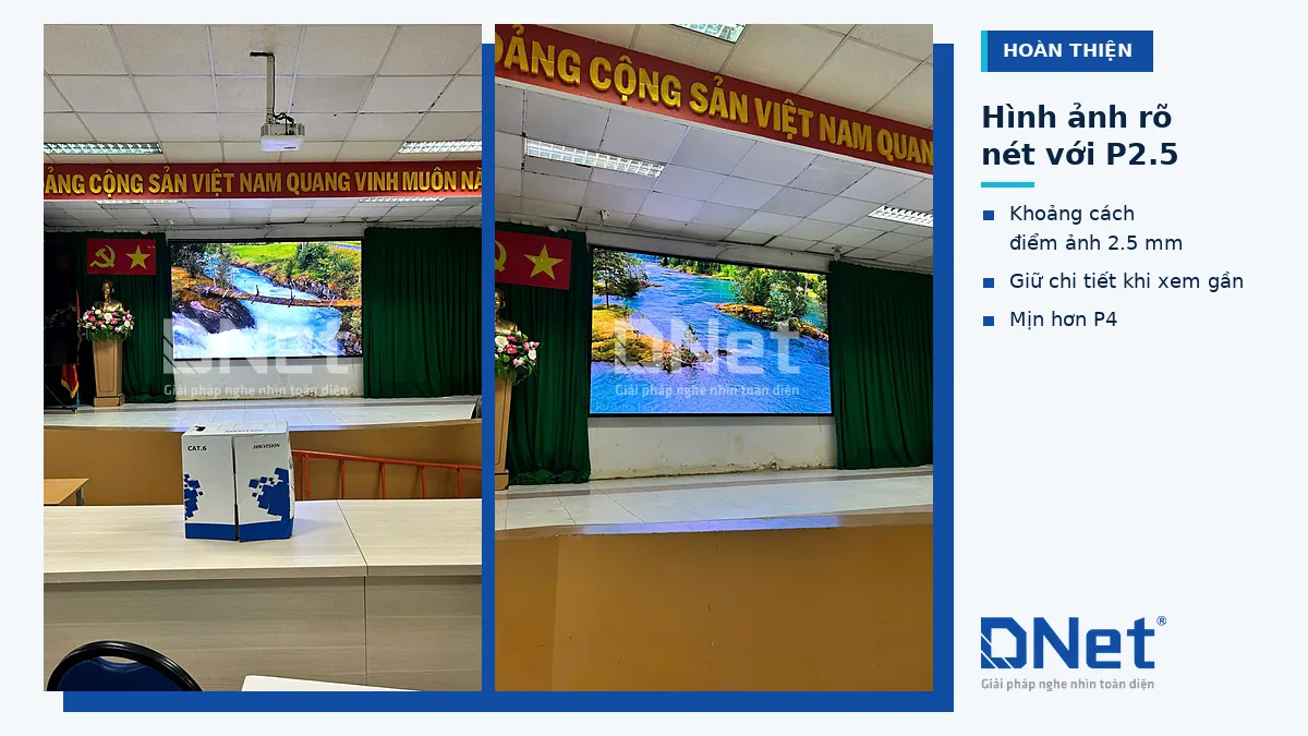 Cận cảnh màn hình LED P2.5 hiển thị hình ảnh rõ nét tại hội trường