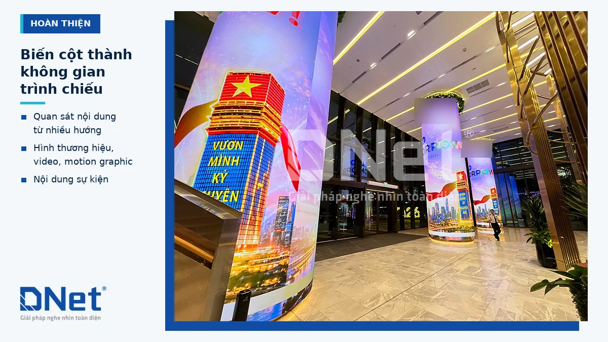 3 trụ màn hình LED cong trình chiếu nội dung trong đại sảnh Saigon Marina IFC