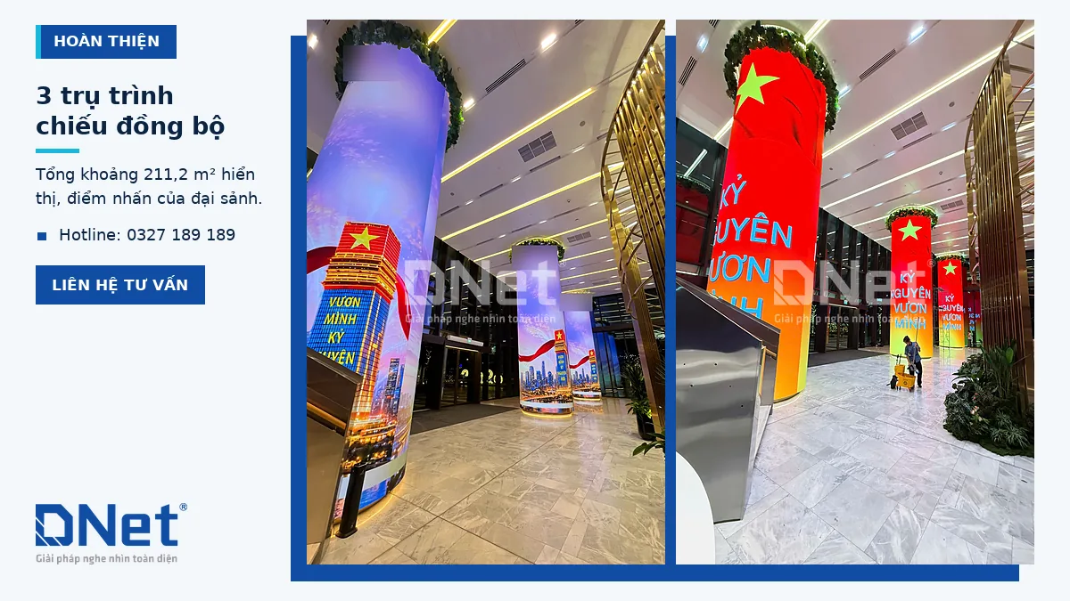 3 trụ màn hình LED tròn trình chiếu đồng bộ tại đại sảnh Saigon Marina IFC