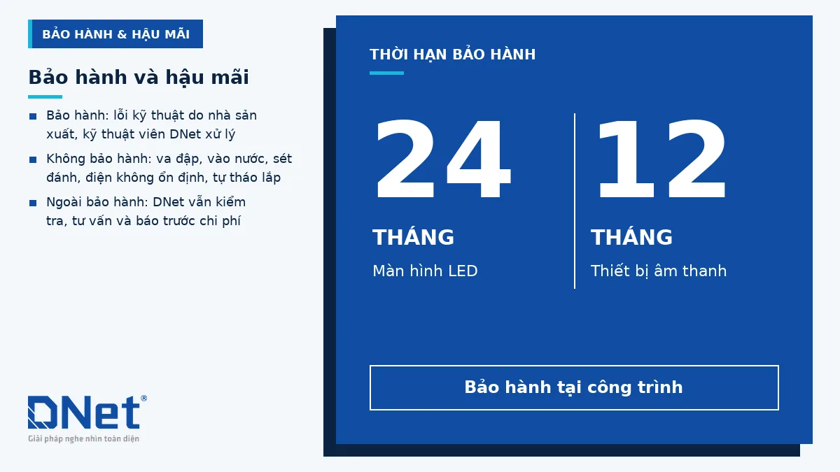 Bảo hành màn hình LED 24 tháng, thiết bị âm thanh 12 tháng tại công trình