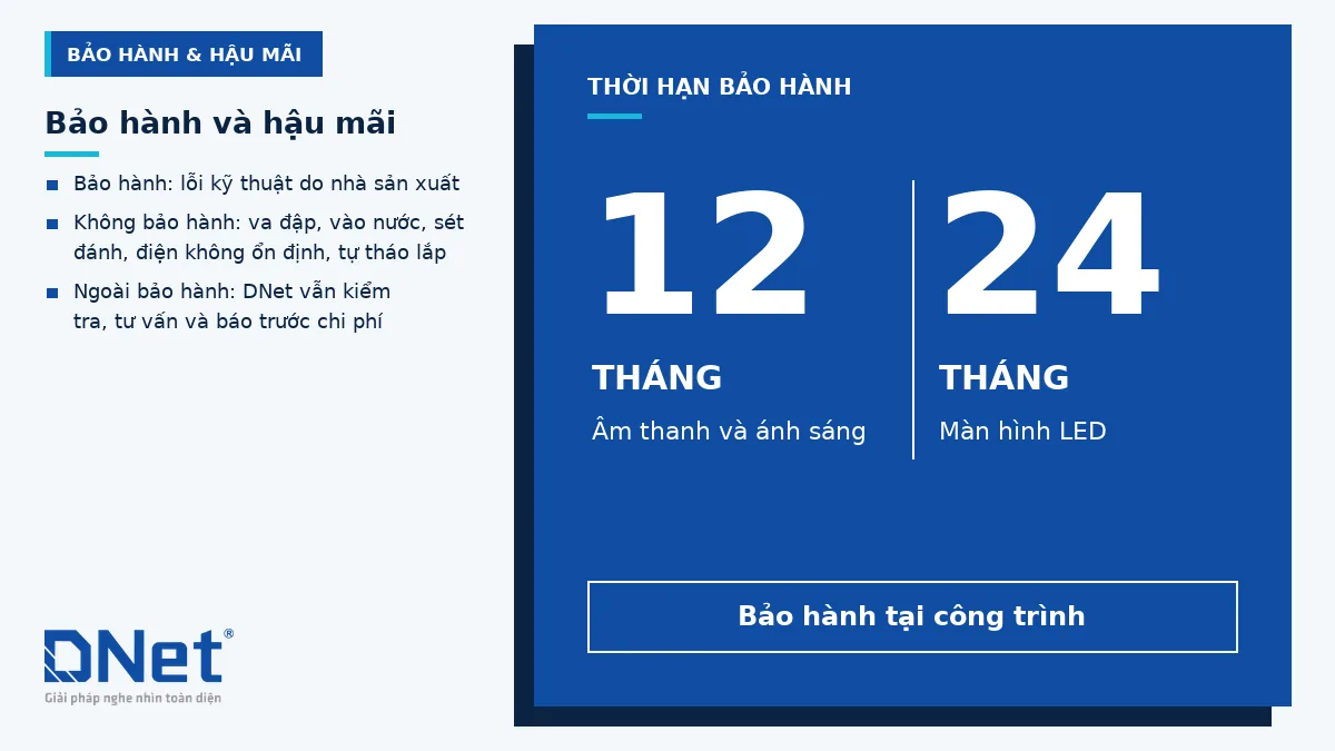 Bảo hành âm thanh, ánh sáng 12 tháng và màn hình LED 24 tháng tại công trình