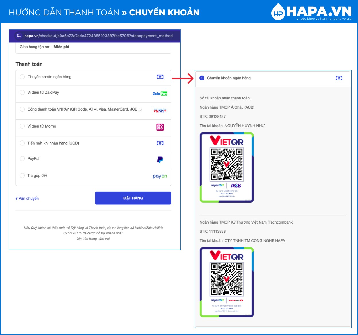 Hướng dẫn thanh toán tại website HAPA.VN - Chuyển khoản ngân hàng