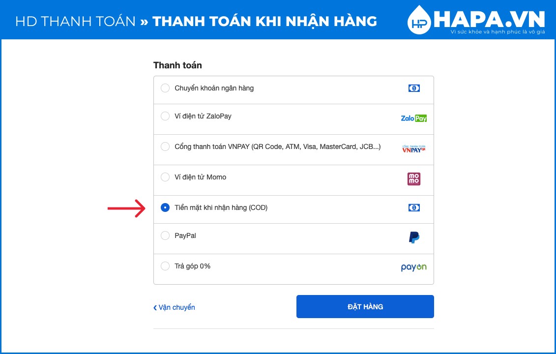 Hướng dẫn thanh toán tại website HAPA.VN - Thanh toán khi nhận hàng (COD)
