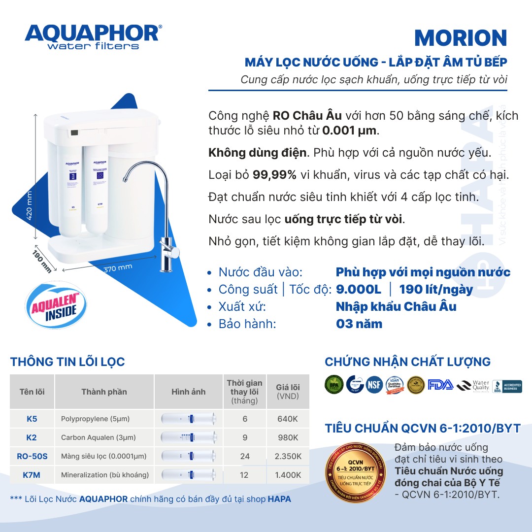 Thông số kỹ thuật Máy Lọc Nước AQUAPHOR MORION