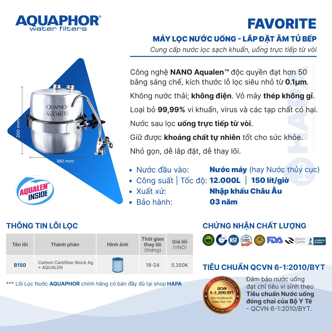 Thông số kỹ thuật Máy Lọc Nước AQUAPHOR FAVORITE