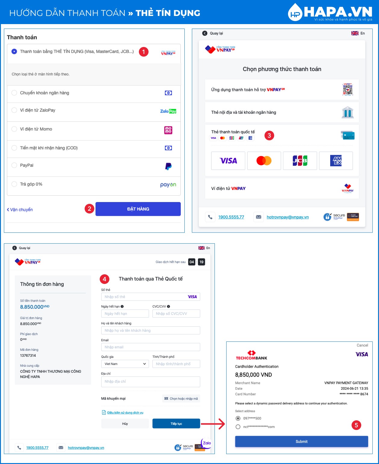 Hướng dẫn thanh toán tại website HAPA.VN - Thanh toán qua THẺ TÍN DỤNG (Visa, Master Card, JCB)