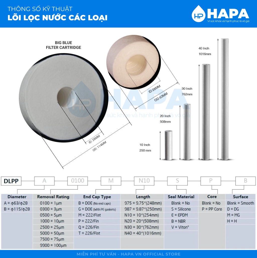 HAPA VN cung cấp sỉ và lẻ các lõi lọc nước PP có kích thước phổ biến hiện nay là: 10 inch, 20 inch, 30 inch và 40 inch, với đường kính 2.5 inch (slim) hoặc 4.5 inch (big blue).