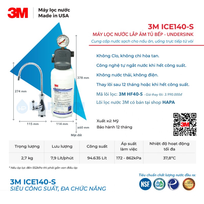 Thông số kĩ thuật Máy Lọc Nước 3M ICE140-S tại Quán Cafe, Quận 3, TP. HCM