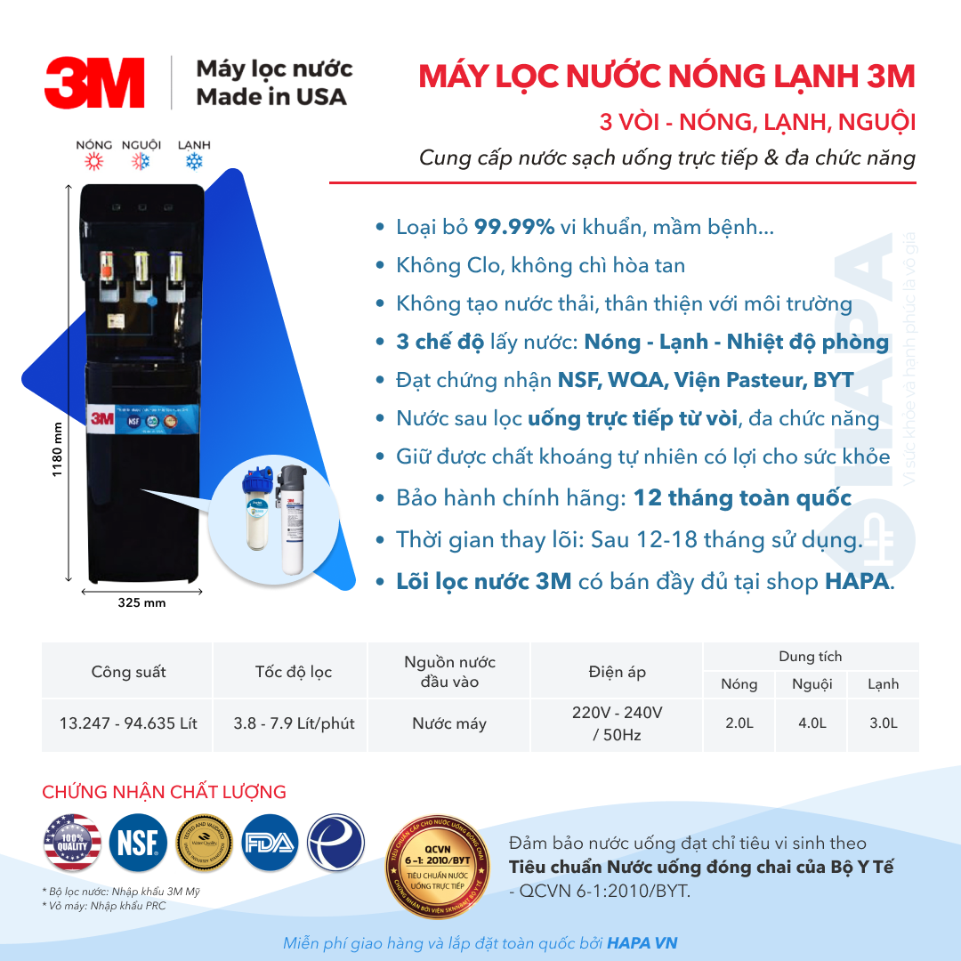 Thông số kĩ thuật của Cây Nước Nóng Lạnh 3M tại Zen Tower, Quận 12, TP HCM