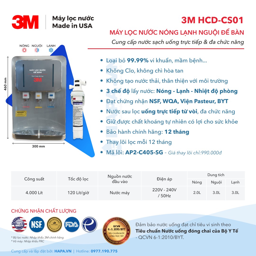Thông số kỹ thuật Cây Nước Nóng Lạnh 3M