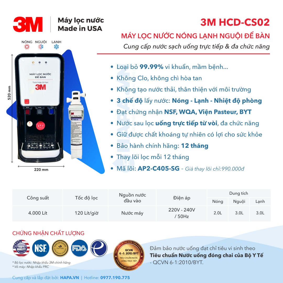 Thông số kỹ thuật Cây Nước Nóng Lạnh Để Bàn 3M HCD-CS02