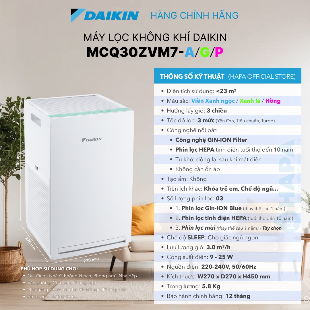 Thông số kĩ thuật của Máy Lọc Không Khí Tạo Ẩm DAIKIN MCQ30ZVM7-A/G/P