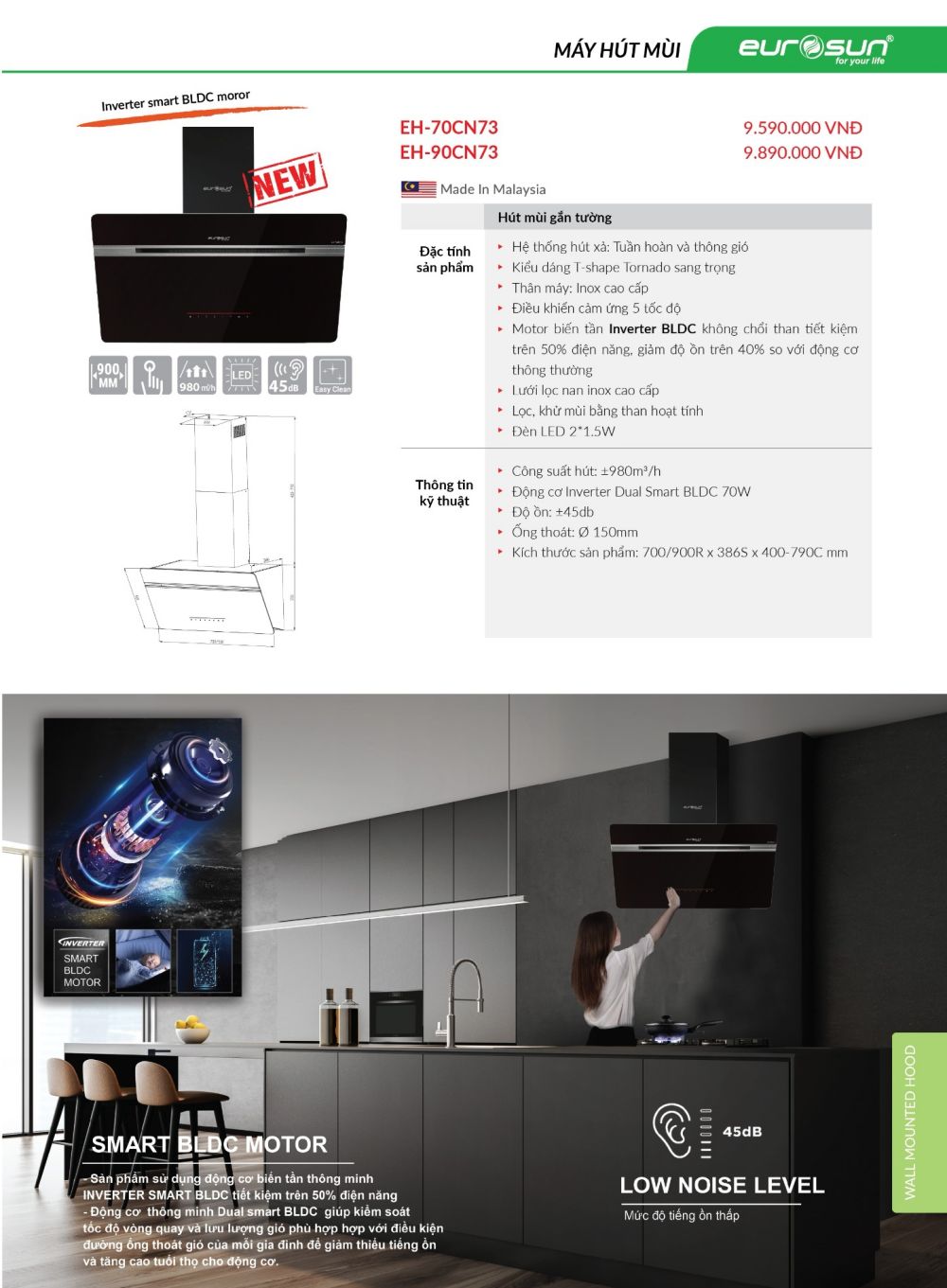 Thông số kỹ thuật Máy Hút Mùi Đảo Eurosun EH-70CN73 - EH-90CN73 - Hàng Chính Hãng 100%