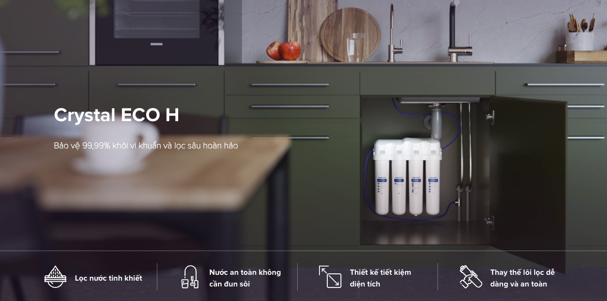 Máy Lọc Nước AQUAPHOR Crystal ECO H giúp bảo vệ 99,99% khỏi vi khuẩn và lọc sâu hoàn hảo 