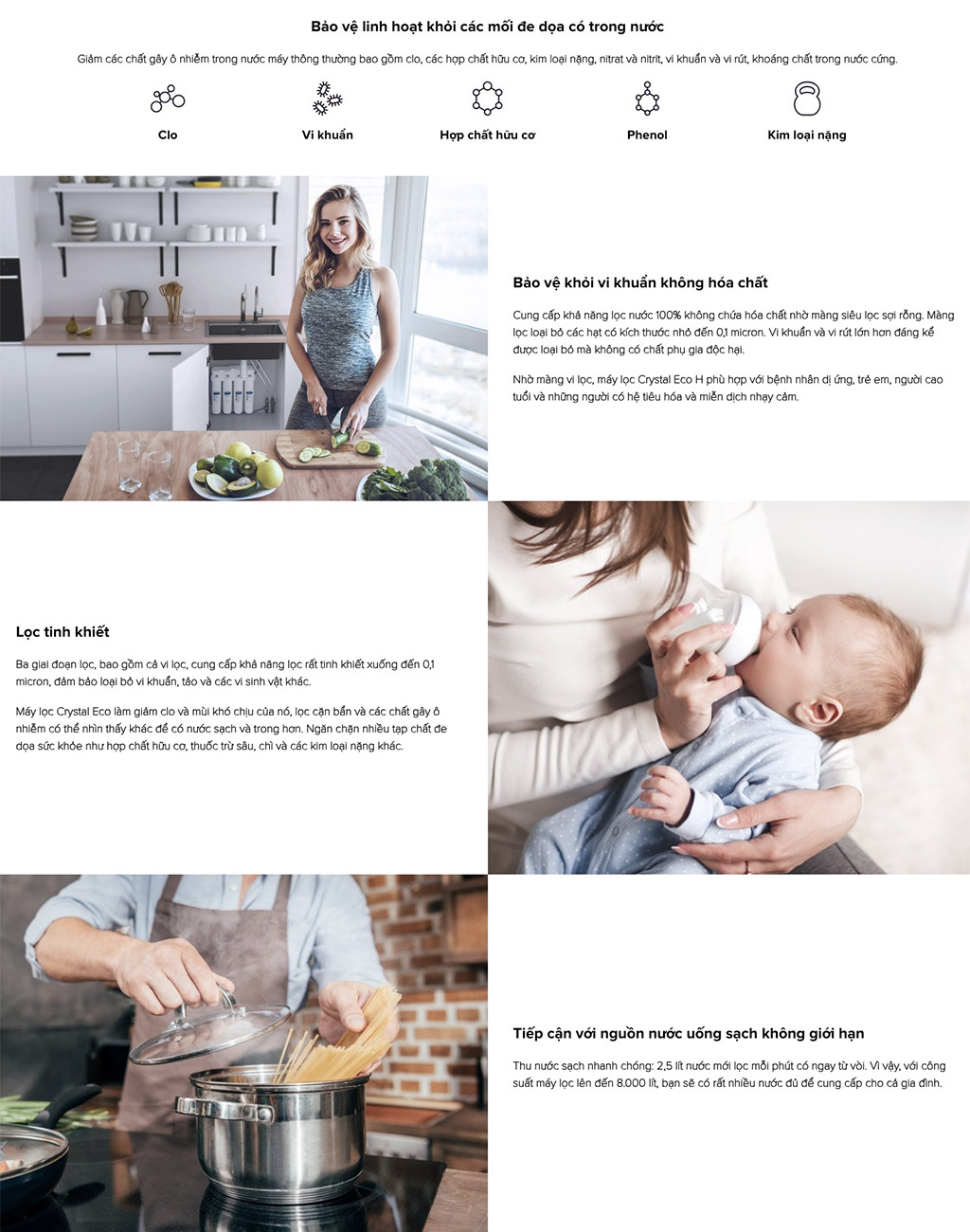 AQUAPHOR Crystal Eco H là máy lọc hấp thụ gồm một giai đoạn vi lọc bổ sung, công nghệ CarbFiber block được sản xuất bằng Aqualen, diện tích tiếp xúc của nước và chất hấp thụ cao gấp 42 lần so với bộ lọc сarbon dạng hạt, trong khi tốc độ lọc cao gấp bốn lần.