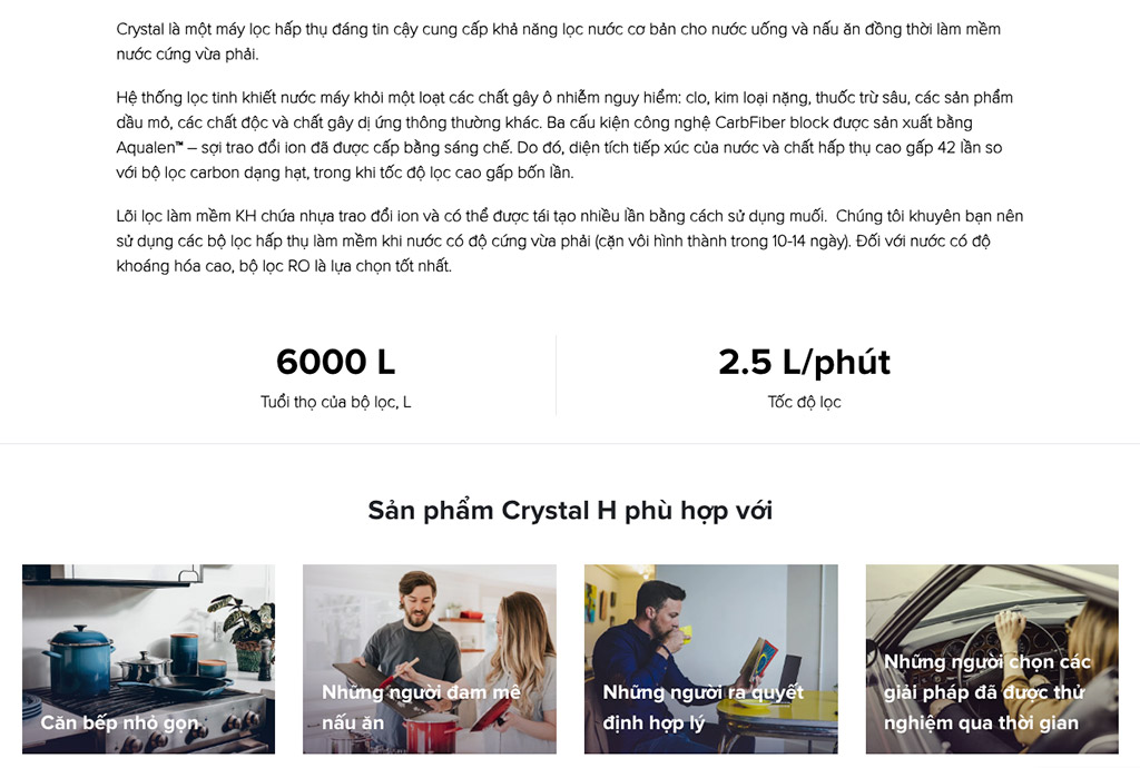 AQUAPHOR CRYSTAL H giúp lọc nước tinh khiết với thiết kế tiết kiệm diện tích, thay thế lõi lọc dễ dàng và an toàn.