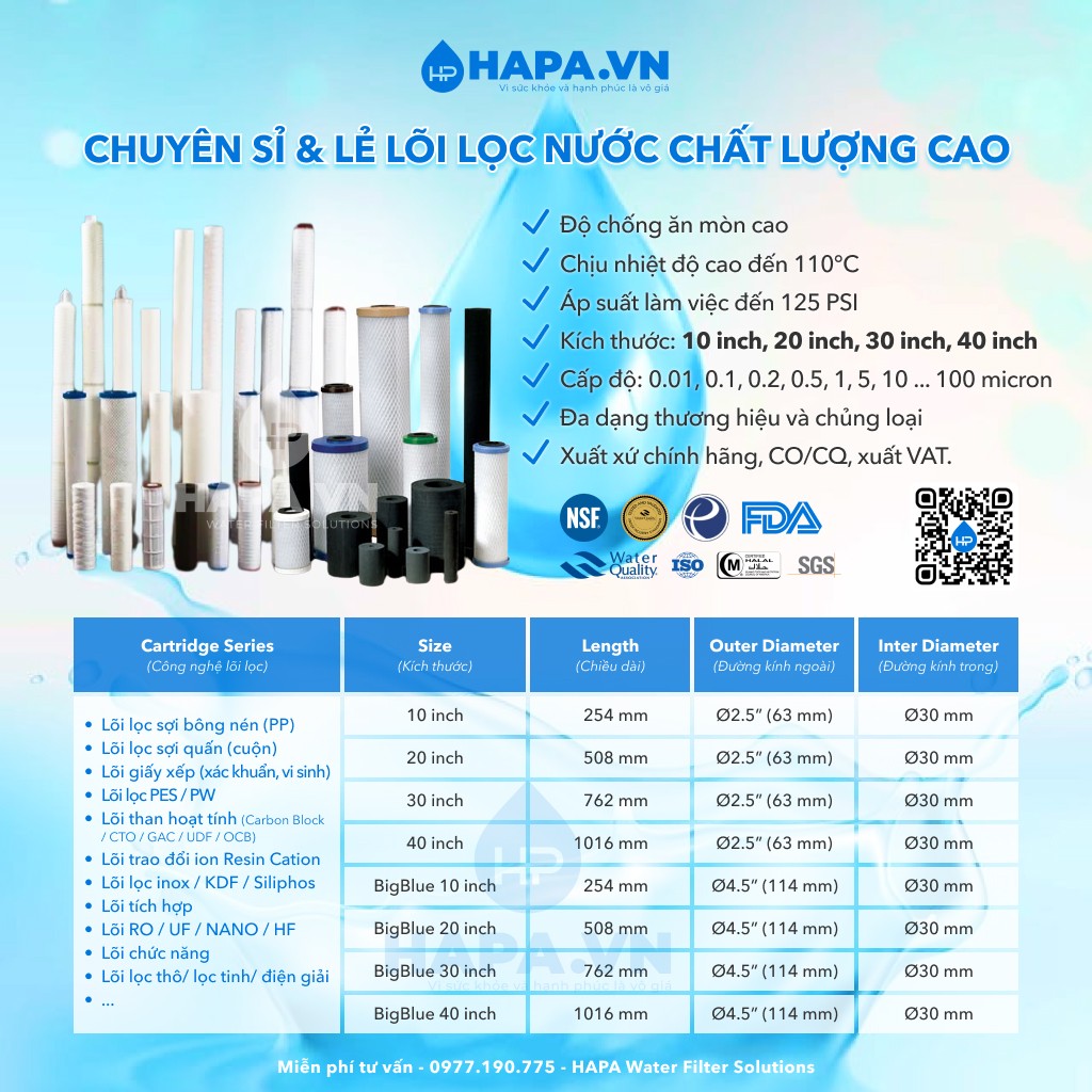 HAPA cung cấp đầy đủ các loại lõi lọc nước phổ biến hiện nay gồm: PP (bông nén), than hoạt tính carbon - carbon block, gốm, UF, RO, NANO, Resin CATION (làm mềm), và lõi khoáng.