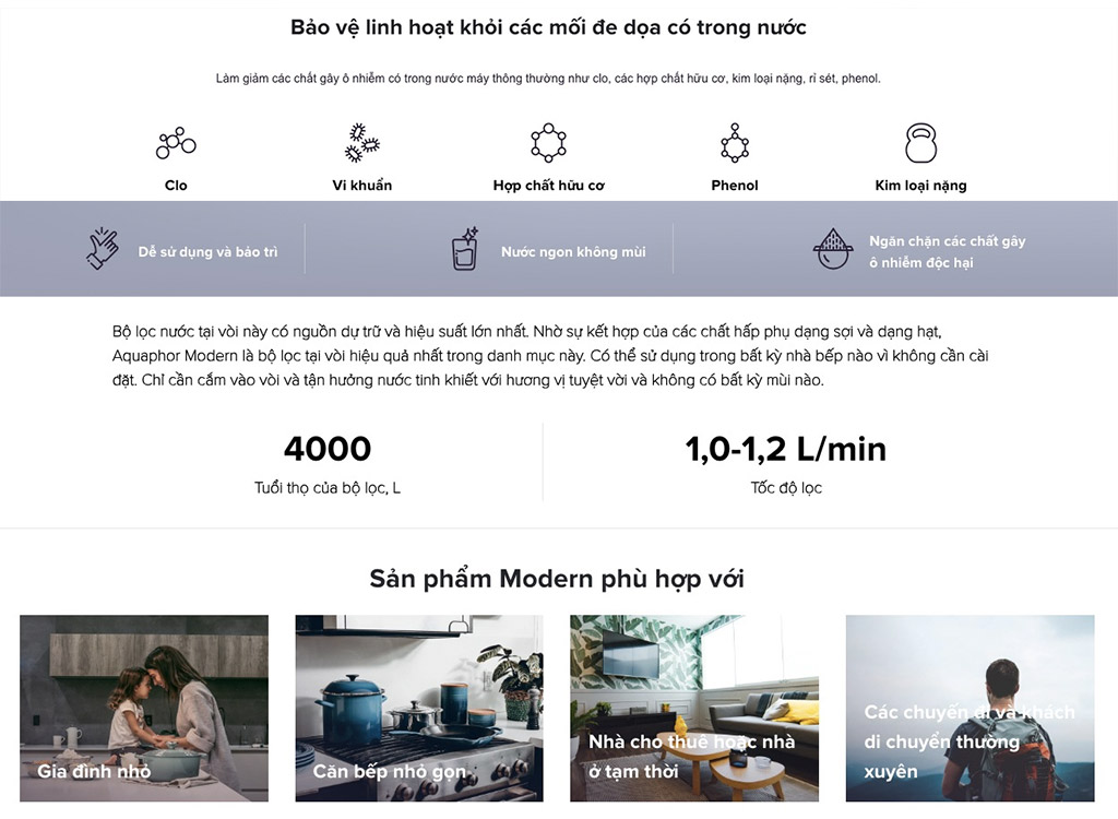 AQUAPHOR Modern là bộ lọc nước tại vòi có tuổi thọ cao để lọc nước máy tinh khiết.