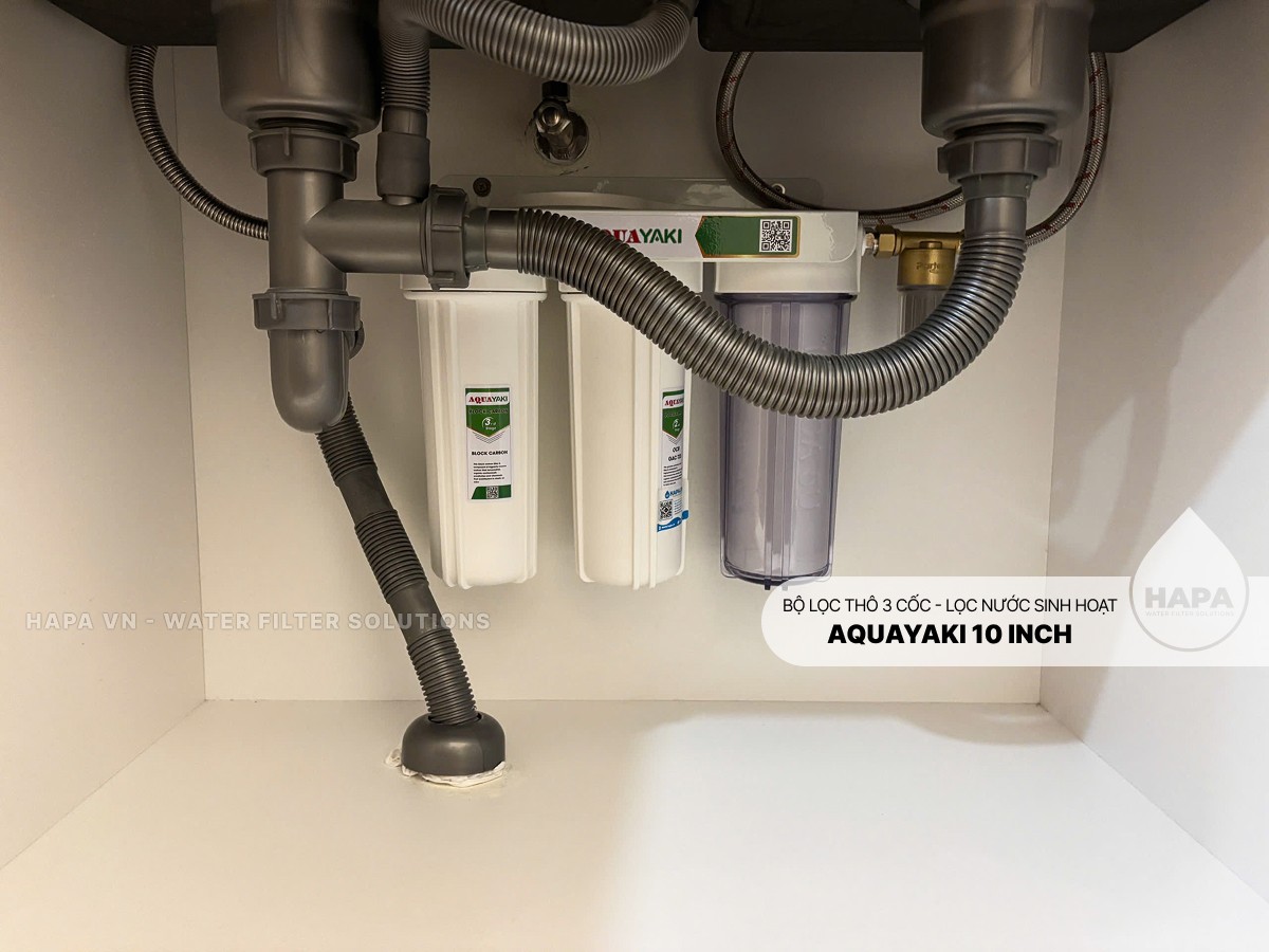 Bộ Lọc Thô 3 Cốc AQUAYAKI 10 inch - Lọc Nước Sinh Hoạt Gia Đình, Chung Cư, Lọc Nước Đầu Nguồn