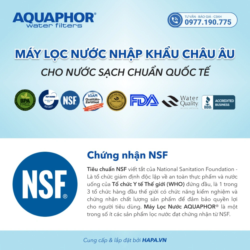 Máy Lọc Nước AQUAPHOR VIKING đạt chuẩn quốc tế NSF, WQA, Viện Pasteur về nước sạch
