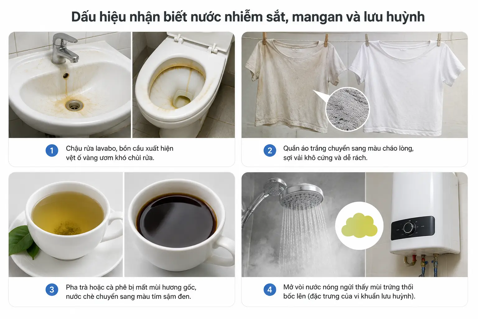 Dấu hiệu nhận biết nước nhiễm sắt, mangan và lưu huỳnh