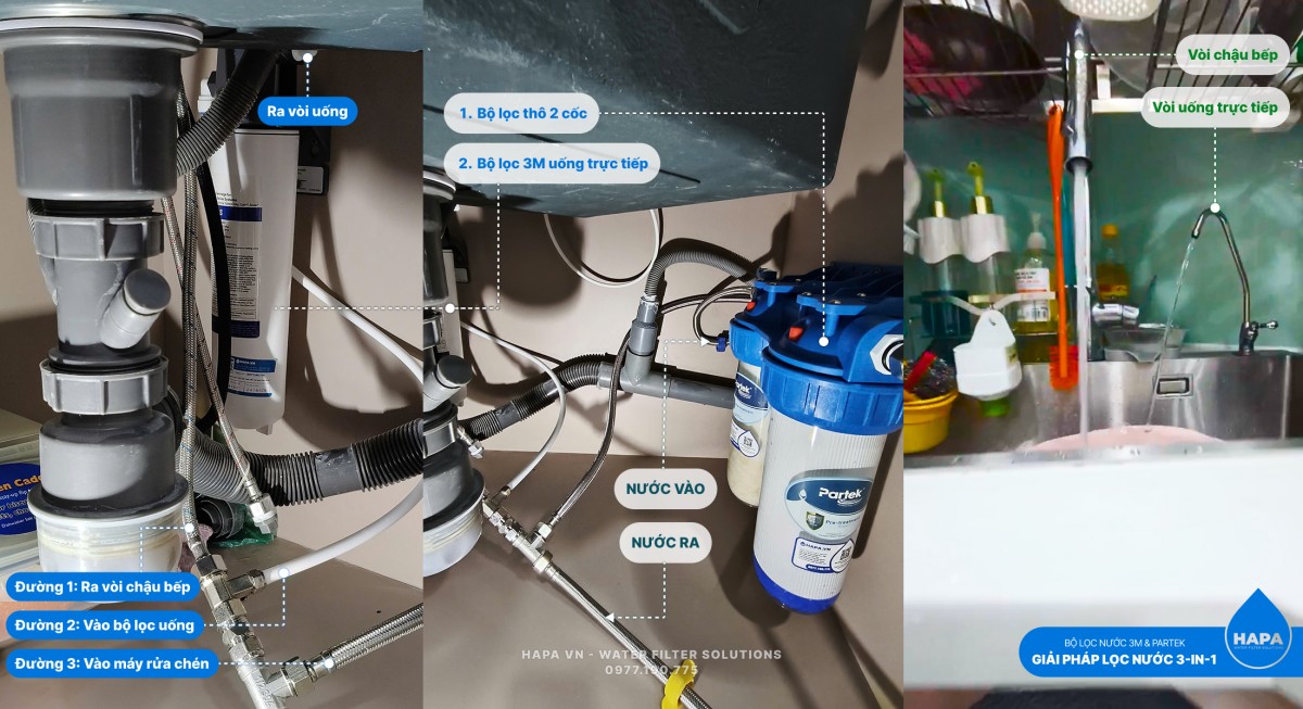 Giải pháp Máy Lọc Nước 3M 3-trong-1: Uống trực tiếp + Vòi chậu bếp + Máy rửa chén - Tiết kiệm và tiện lợi - Lắp đặt bởi HAPA.VN