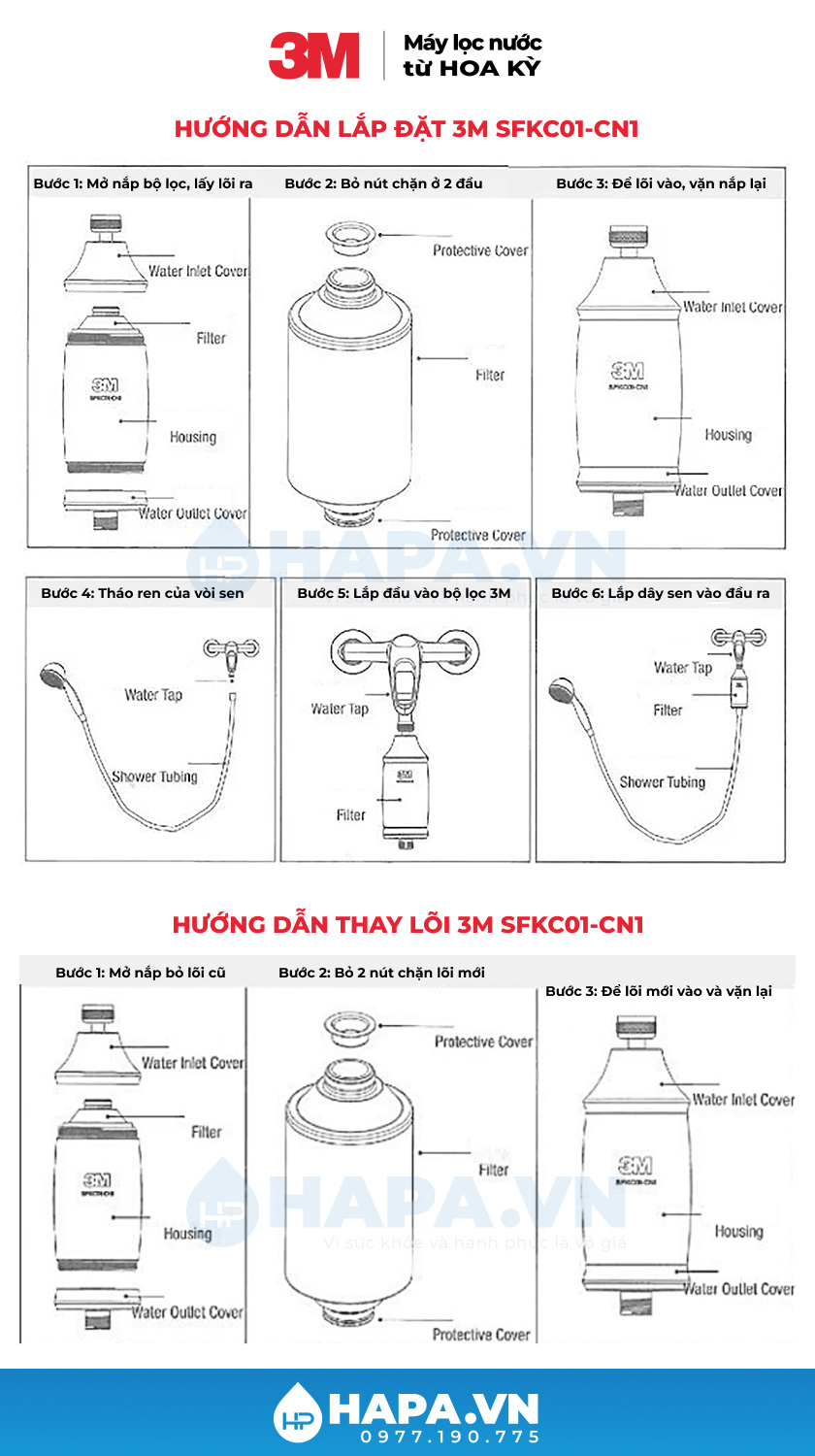 Hướng dẫn lắp đặt & thay lõi cho Bộ Lọc Nước Vòi Sen 3M SFKC01-CN1 Nóng Lạnh