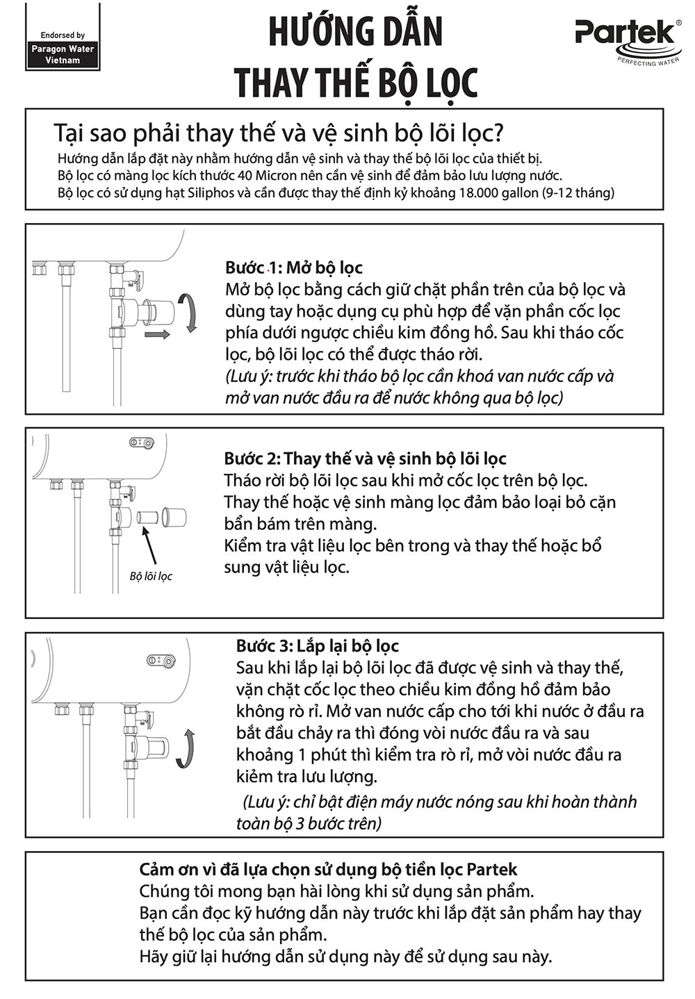 Hướng dẫn thay lõi lọc cho Bộ Tiền Xử Lý Nước PARTEK P4540-PT-(S/K)