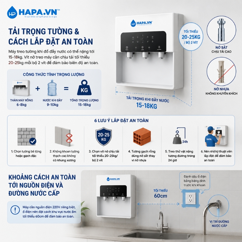 Hướng dẫn lắp đặt máy lọc nước treo tường HAPA an toàn với tải trọng tường và khoảng cách nguồn điện.