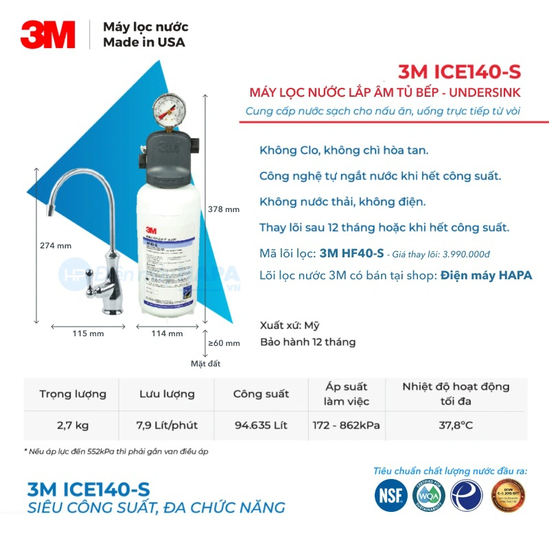 Thông số kỹ thuật của Máy Lọc Nước 3M Cho Nhà Hàng, Quán Cafe - ICE140-S