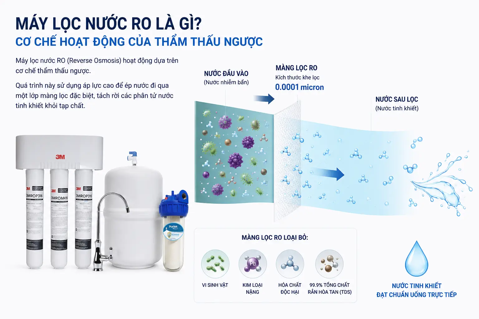 Inforgraphic cơ chế hoạt động thẩm thấu ngược của máy lọc nước ro
