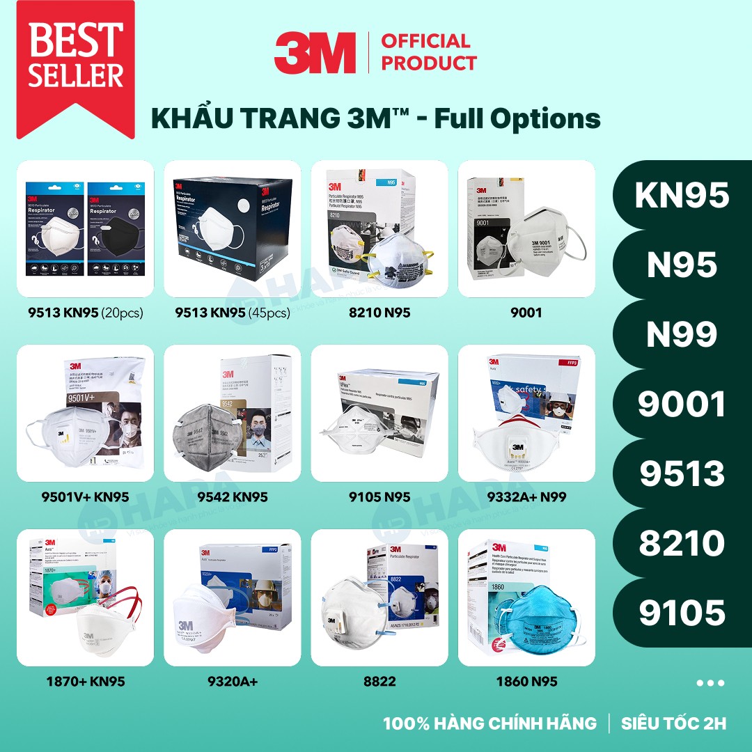 HAPA cung cấp đầy đủ các model Khẩu Trang 3M: KN95, KF94, KN90, N95, N99, 9513, 9013, 8210, 9501V+, 9001, 9501V+, 9542, 9105, 9332A+, 1870+, 9320A+, 8822, 1860... chính hãng và uy tín - 1