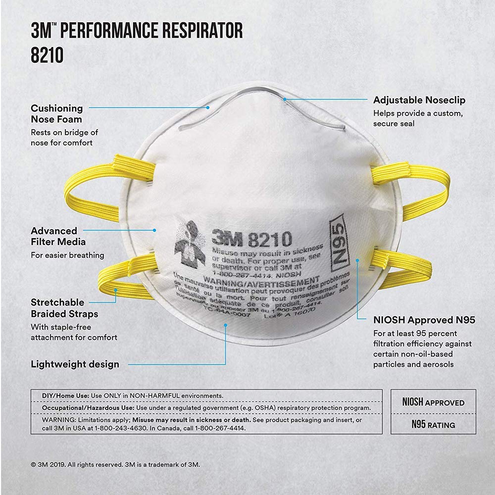 3M 8210 Particulate Respirator, N95, Pack of 20 Disposable Respirator, NIOSH APPROVED, Two-Strap Cup Style Design, Lightweight with Cushioning Nose Foam