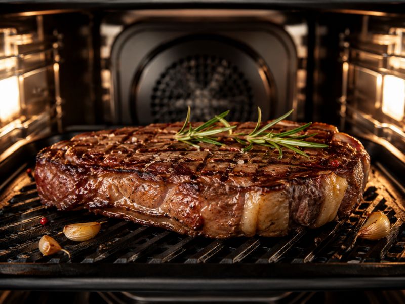 Miếng steak vừa nướng xong trên vỉ gang, có lớp áo cháy cạnh đẹp mắt