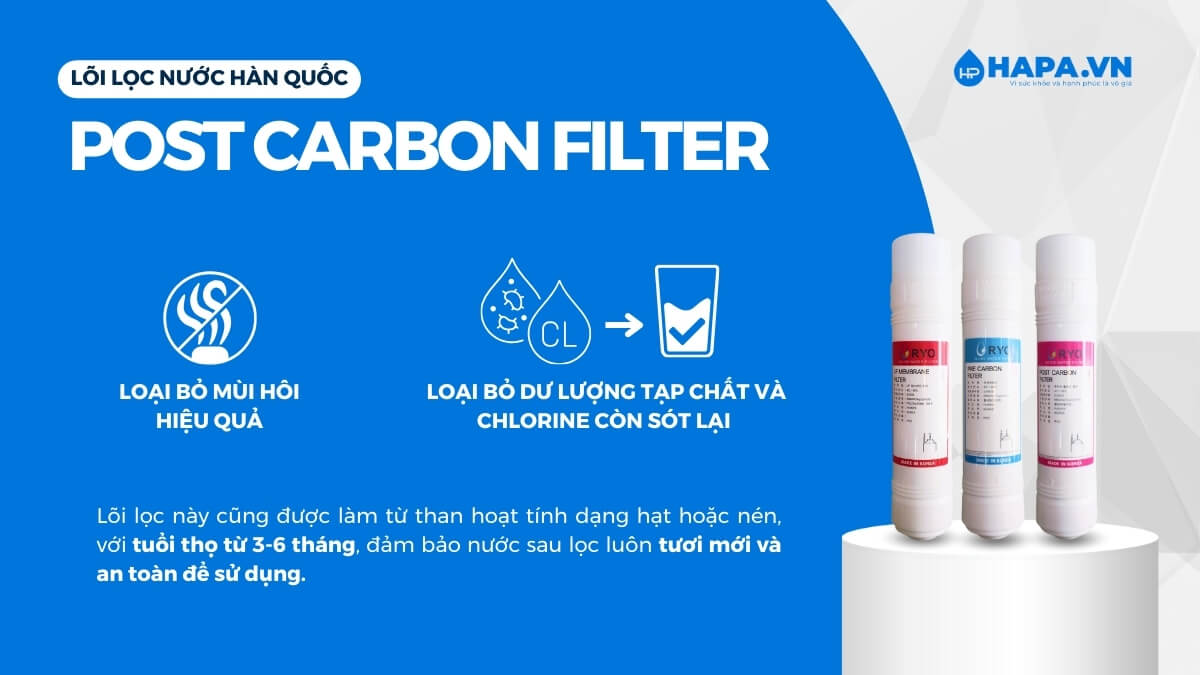 Lõi Post-Carbon có chức năng loại bỏ mùi hôi, dư lượng tạp chất và chlorine còn sót lại trong nước