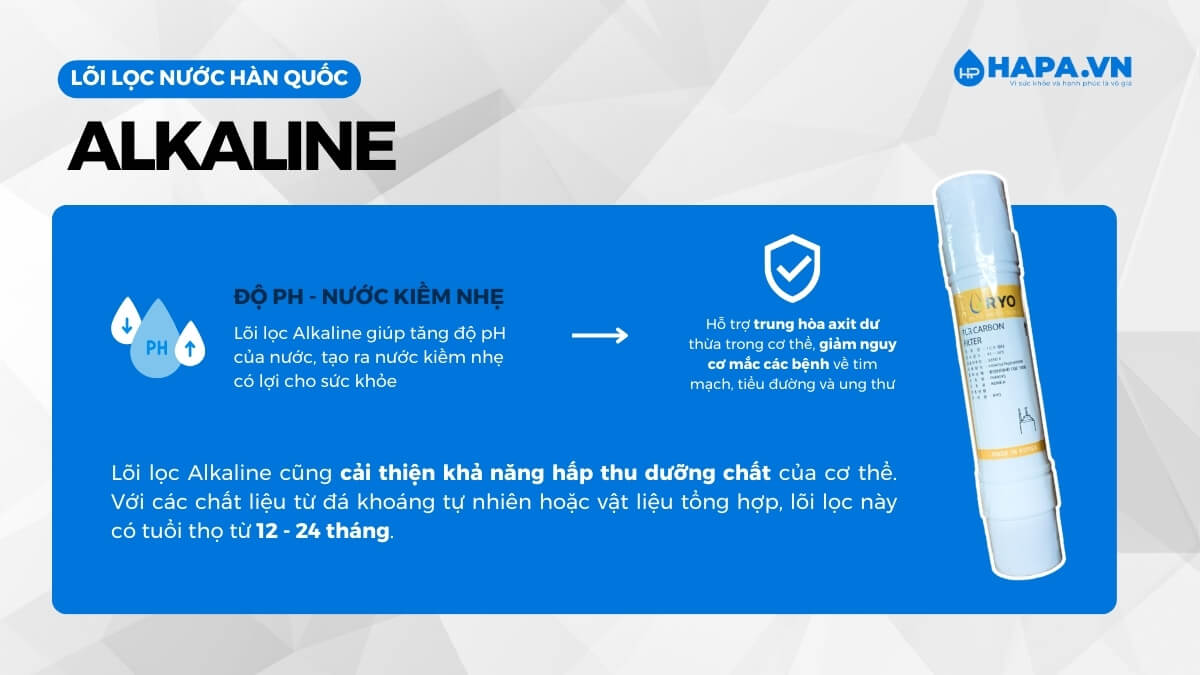 Lõi lọc Alkaline giúp tăng độ pH của nước, tạo ra nước kiềm nhẹ có lợi cho sức khỏe